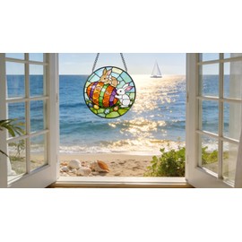 Argodaze Easter Bunny Stained Glass Suncatcher - 6.3 Inches Colorful Eggs Window Hanging Ornament for Spring Home Decor