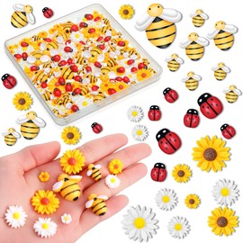 200 Pieces Mini Resin Sunflower and Bees Flatback Epoxy Beads Charms Wooden Ladybugs Embellishments Assorted Sizes Tiny Resin Daisy Flower and Resin Bees Decor for DIY Craft (Classic Color)