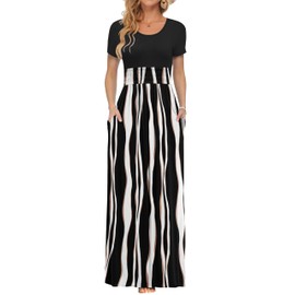 AUSELILY Women's Summer Smocked Short Sleeve Long Maxi Dresses for Women 2025 New Black Stripes/BK Large