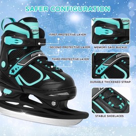 MammyGol Adjustable Ice Skates for Kids Boys and Girls, Hockey Lace-Up Skate, Teal Ice Skating Size 1-4 for Beginner