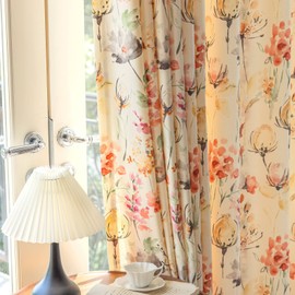 SUOUO Red Floral Curtains for Living Room Chenille Patterned Watercolour Pink Lotus 84 Inches Long 2 Panels Light Filtering Window Drapes for Bedroom Dining