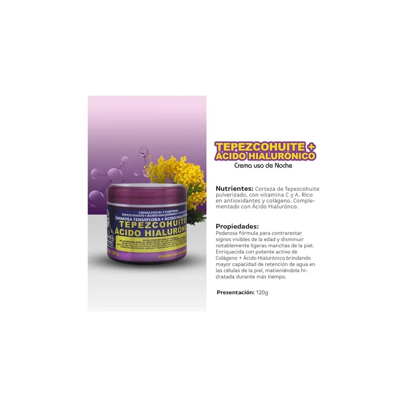 Crema Ácido Hialurónico + Tepezcohuite Uso De Noche 120 G