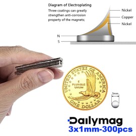 Dailymag Small Magnets, 300 Strong Round Tiny Rare Earth Magnets, 3mmx1mm Powerful Neodymium Disc Magnets for Refrigerator, Great Gift for Garage, Fridge, DIY, Craft, and Office Magnets