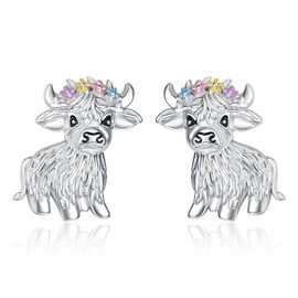 TANGPOET Highland Cow Stud Earrings Jewellery Gifts 925 Sterling Silver Scottish Highland Cow Gifts for Women Young Ladies Girls Birthday Christmas Mothers Day Valentines Day