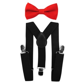axy Children's Black Braces with Bow Tie Set for Children 1-6 Years Old - Y Shape, 3 Clips - Plain Colours Boys Braces, Black Braces + Red Bow Tie