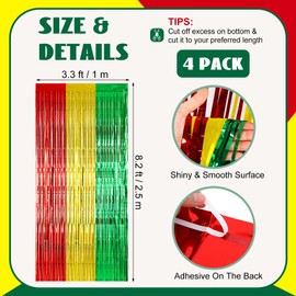 Wavwavw Juneteenth Decorations Foil Fringe Curtain Backdrop 100 x 39 Inch Metallic Foil Fringe Tinsel Decor African American Decorations for Party Photo Props (Red,Yellow,Green,4 Pcs)