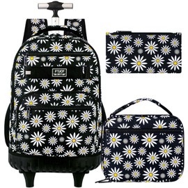 gxtvo Girls Rolling Backpack, Women Roller Bookbag with Lunch Box for Adults, Water Resistant Wheeled School Bag for College Teens Kids Travel - Black Flower