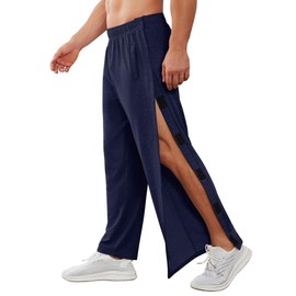 Deyeek Men's Tear Away Pants 2 Side Snap Open Bottom Sweatpants Loose Fit Casual Post Surgery Pants with Pockets Dark Blue