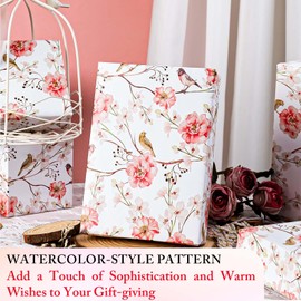 MAYPLUSS Gift Wrapping Paper Roll - Romantic Watercolor Pink Flower and Birds Design Gift Wrap Paper for Wedding, Bridal Shower, Mother’s Day, Valentine's Day, Birthday, Anniversay (17 Inch X 33Feet)