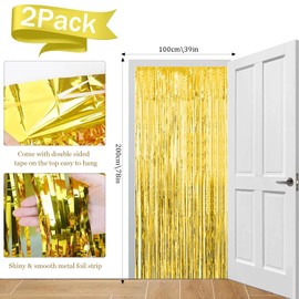 2pcs Gold Metallic Tinsel Curtains, 3.2ft X 6.4ft Aluminum Foil Flow Curtain Background Streamer, Birthday Party Wedding Holiday Backdrop Decoration(Gold)