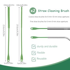 2 Pcs Silicone Straw Cleaner Brush with Hanging Ring, 6 mm & 8 mm Long Straw Cleaning Brush, Reusable Pipe Drinking Straw Brushes for Cleaning Straws Beverage Cover Bottle Lid (Green)