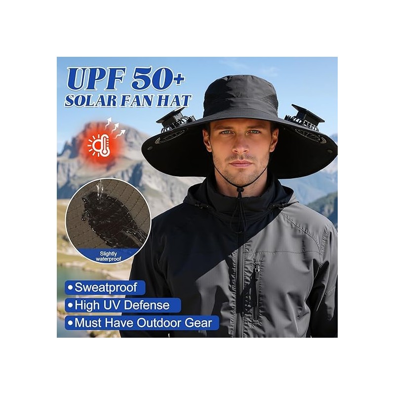 Solar Powered Fan Sun Hat, 2-in-1 UPF 50+ Wide Brim