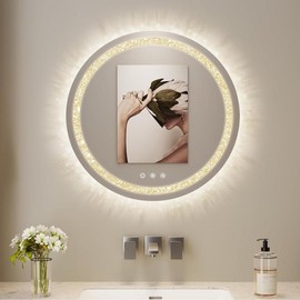 fascinate Heart Shape Mirror Home Decor Mirror with Lights, Dressing Room Wall Mirror,Crushed Diamond Mirror for Bedroom, Bathroom, Living Room,  Stepless Dimmable Smart Touch Luxury Decoration - Color: round 24"x24" with diamond