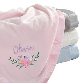 Personalization Universe Butterfly Kisses Baby Girl Embroidered Pink Satin Trim Baby Blanket