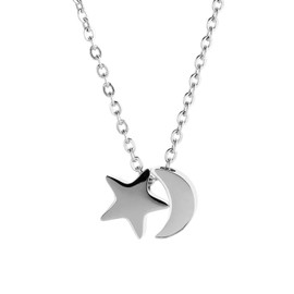 ELBLUVF Stainless Steel Women Crescent Moon and Star Lucky Pendant Necklace (Silver moon and star)