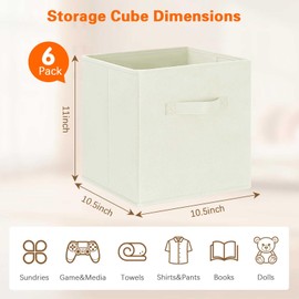 GhvyenntteS Storage Cubes, 11 Inch Cube Storage Bins with Dual Handles, Collapsible Fabric Storage Bins for Shelves Closet, Storage Baskets for Organizing Clothes, Bedding, Toys, Books (6 Pack, Beige)