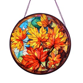 Autumn Stained Glass Window Hanging, 8''/20CM Maple Leaves Suncatchers for Windows Autumn Decorative Hanging Ornaments Stained Glass Window Panel Gift for Thanksgiving Chirstmas Fall Decorations (B)