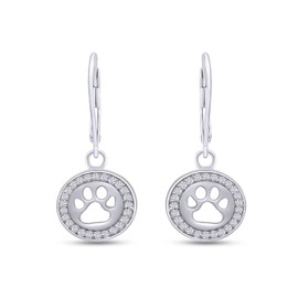 Wishrocks Round Cut White Cubic Zirconia Circle Dog Paw Print Lever Back Drop Earrings for Women in 14k White Gold Plated 925 Sterling Silver, Jewelry Gift for Her Womens Earrings