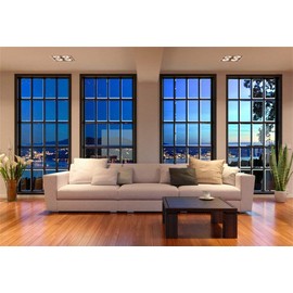 AOFOTO 6x4ft Business Office Window View Backdrop French Sash Modern Living Room Interior Sofa Casement Photography Background Work at Home Nightscape Wooden Floor Furniture Video Studio Props Vinyl