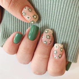 AZTSYT 24Pcs Short Press on Nails Square Green Flower Fake Nails Designs Spring False Nails Nude Glossy Gel False Nails Acrylic Nails for Women Reusable Glue on Nails (Dark Green Flowers)