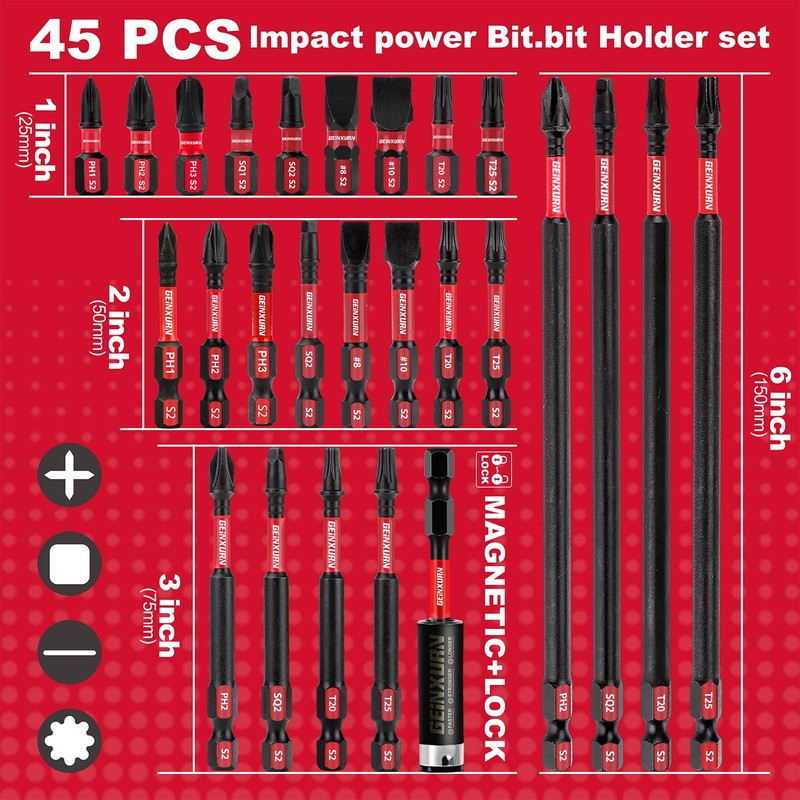 GEINXURN Impact Tough Magnetic Mixed 45Pack Insert Driver Bits, S2