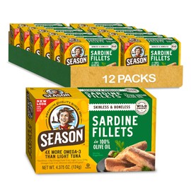 Season Sardines in Olive Oil - Skinless & Boneless, Wild Caught, 22g of Protein, Keto Snacks, More Omega 3's Than Tuna, Kosher, High in Calcium, Canned Sardines - 4.37 Oz Tins, 12-Pack