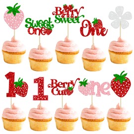 Gyufise 30Pcs Sweet One Strawberry Cupcake Toppers Glitter Berry 1st Birthday Cupcake Picks Strawberry Decorations for Baby Shower Kids First Birthday Party Decorations Supplies
