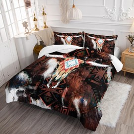 AILONEN Bull Skull Comforter Set Full Size,Cattle Cowhide Cow Print Bedding Set,Buffalo Mexican Skull Comforter Set,Western Cowboy Bed in a Bag 3 Pieces, 1 Quilt and 2 Pillowcases