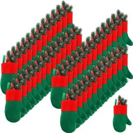 Hoosige 50 Pcs 7 Inch Bulk Christmas Mitten Stocking Decorations Mini Christmas Stockings Hanging Farmhouse Christmas Stockings with Cuff Xmas Tree Decor Family Presents Fill(Green Red)