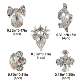 SILPECWEE 20pcs Nail Rhinestone and Charms, AB Glass Crystal for Nails 3D Flat-Back Nail Gems Silver Alloy Nail Jewelry Studs Diamond Nail Art Decoration for Nails Supplies