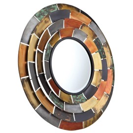 HomeStock African Artifacts Round Decorative Mirror with Beveled Glass, Distressed Mosaic Frame, Demilune Tiles, and Transitional Galvanized Finish for Artistic Walls