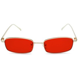 RUNHUIS Retro Classic Small Rectangle Sunglasses Women Men Vintage Slim Rectangular Metal Frame Glasses, Gold/Red