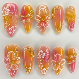 Spring Hibiscus Press on Nails Almond Medium Fake Nails with 3D Pearl Design Flowers Acrylic Nails Orange Red False Nails Full Cover Stick on Nails Reusable Artificial Glue on Nails for Women 24Pcs