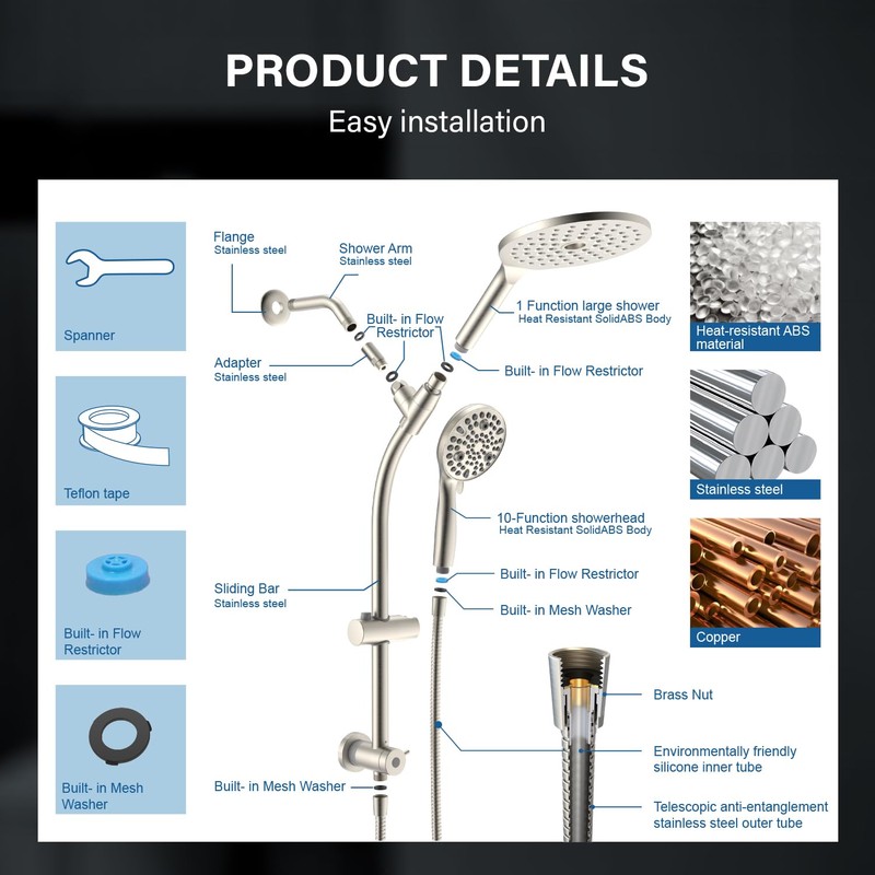 7.5" Rotatable Dual Shower Head with Handheld Combo, Kids Friendly