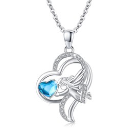 Heart Guardian Angel Necklace 925 Sterling Silver Angel Necklace with Heart Crystal Cute Christening Communion Jewellery Chain for Girls Boys Children Birthday Gift, Sterling Silver, Cubic Zirconia