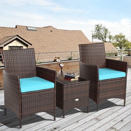 Tangkula 3-Piece Patio Conversation Set, Wicker Chairs with Glass Top Square Coffee Table & Cushions, All-Weather Outdoor Rattan Furniture Set for Garden Backyard Balcony Poolside (Turquoise)