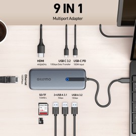 USB C Hub 4K@60Hz, 100W PD, Ethernet RJ45, 10Gbps USB-C/A 3.2Gen 2, MicroSD & SD Card Reader, 2 USB 3.0, 9-in-1 GIISSMO USB C Hub Compatible with MacBook M1 M2, HP Dell Lenovo Laptops and More