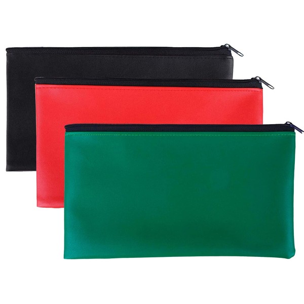 EJourney 3 Colors Bank Deposit Money Bag Pouch, Utility Leatherette Securit Vinyl Zipper Wallet Pouches for Cash Money, Cosmetics, Tools, 11x6 inches