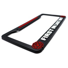 LP Frameworks First in Last Out Firefighter 3D Raised License Plate Frame | 1 Pack USA Car License Plate Cover | Universal US Car Black License Plate Holder | Auto Accessories (Car, Truck and SUV)