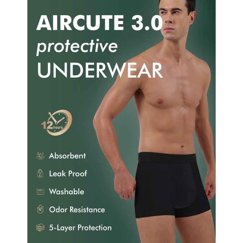 AIRCUTE Urine Incontinence Underwear for Men Washable Leak Proof Absorbency