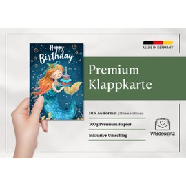 WBdesignz Birthday Card with Envelope - Mermaid Card Birthday Girl Greeting Card for Children Happy Birthday (A6)