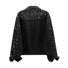 LifeShe Women's Pearls Denim Jacket Cropped Rhinestones Jean Jacket Coat