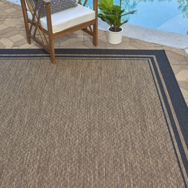 Gertmenian Gertmenian Indoor Outdoor Classic Flatweave Area Rug, Stain & UV Resistant Carpet, Deck, Patio, Poolside & Mudroom, 8x10 Ft Large, Border, Black Tan, 21515