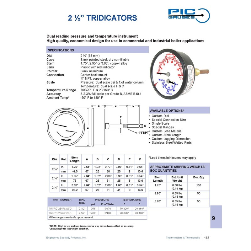 PIC Gauges TRI-RC-254R1.75-D Commercial Tridicator, Black Steel Case, Bronze Internals,