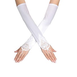SUNTRADE Women's Lace Satin Bridal Party Fingerless Gloves Sequins Elegant Long Arm Sleeves (White, Large)