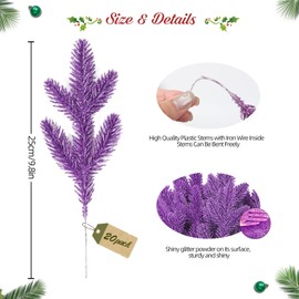 RECUTMS Christmas Artificial Glitter Branches Christmas Twigs Foliage Stems Pack of 20 Greenery for Centerpieces Christmas Decoration Pine Branches Fake Plastic Winter Garland Wreath (Purple)
