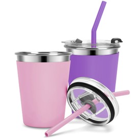 Vermida Kids Cups with Straws and Lids Leak Proof, 12oz Sippy Cups for Toddlers 1-3, 2 Pack Spill Proof Cups Stainless Steel Kids Cups with Lids for School, Outdoor (Pink & Purple)