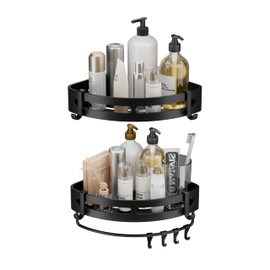 Geobella Adhesive Shower Corner Caddy，2-Pack Heavy Duty Shower Corner Shelves Rack with 8 Hooks and 1 Towel Bar，Rustproof Bathroom Organizer No Drilling Wall Mounted