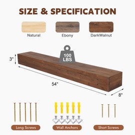 GoCampDirect Fireplace Mantle Shelf - 54×8×5Inch Handcrafted Wall Floating Mantel Shelf for Over Fireplace - Rustic Traditional Wooden Fireplace Mantels with Invisible Heavy Duty Wood Bracket