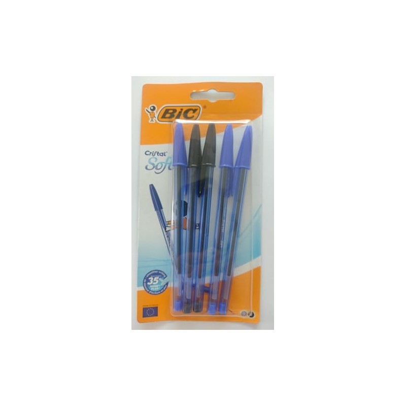 Bic Ballpoint Pens, Cristal Soft Pack, 5 Count, 3 Blue